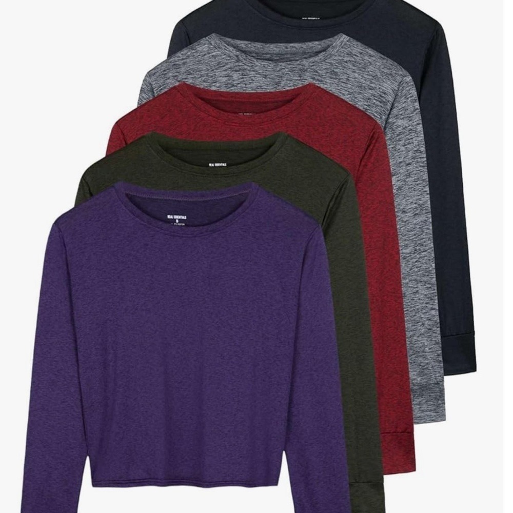 Real Essentials 5 Pack Ladies Plus Long Sleeve Crop Crew Shirt Set 2X‎